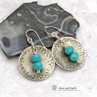 Round Sterling Silver Dangle Earrings with Faceted Blue Glass Crystal Beads - Modern Elegant Jewelry