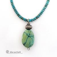 Southwestern Style Chunky Natural Turquoise Stone Pendant with Oxidized Sterling Silver Bead on Turquoise Beaded Necklace