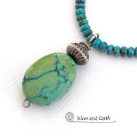 Southwestern Style Chunky Natural Turquoise Stone Pendant with Oxidized Sterling Silver Bead on Turquoise Beaded Necklace