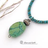 Southwestern Style Chunky Natural Turquoise Stone Pendant with Oxidized Sterling Silver Bead on Turquoise Beaded Necklace