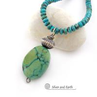 Southwestern Style Chunky Natural Turquoise Stone Pendant with Oxidized Sterling Silver Bead on Turquoise Beaded Necklace