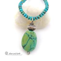 Southwestern Style Chunky Natural Turquoise Stone Pendant with Oxidized Sterling Silver Bead on Turquoise Beaded Necklace