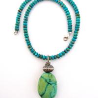 Southwestern Style Chunky Natural Turquoise Stone Pendant with Oxidized Sterling Silver Bead on Turquoise Beaded Necklace