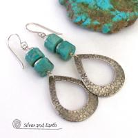 These handcrafted earrings feature textured sterling silver hoop dangles accented with a stack of turquoise stones. They have a modern, chic flair and will look great with all wardrobe styles. Tiny pewter beads were added as an accent. Earrings are lightweight and comfortable to wear. Handmade in the USA by Silver and Earth jewelry.