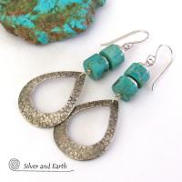 These handcrafted earrings feature textured sterling silver hoop dangles accented with a stack of turquoise stones. They have a modern, chic flair and will look great with all wardrobe styles. Tiny pewter beads were added as an accent. Earrings are lightweight and comfortable to wear. Handmade in the USA by Silver and Earth jewelry.