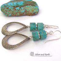 These handcrafted earrings feature textured sterling silver hoop dangles accented with a stack of turquoise stones. They have a modern, chic flair and will look great with all wardrobe styles. Tiny pewter beads were added as an accent. Earrings are lightweight and comfortable to wear. Handmade in the USA by Silver and Earth jewelry.