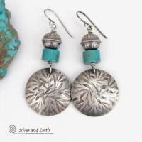 Hand Stamped Sterling Silver Earrings with Turquoise and Sterling Beads - Modern Southwestern Style Jewelry 