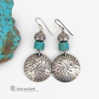 Hand Stamped Sterling Silver Earrings with Turquoise and Sterling Beads - Modern Southwestern Style Jewelry 