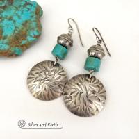 Hand Stamped Sterling Silver Earrings with Turquoise and Sterling Beads - Modern Southwestern Style Jewelry 