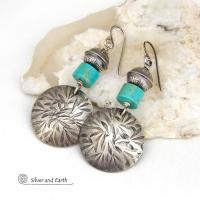 Hand Stamped Sterling Silver Earrings with Turquoise and Sterling Beads - Modern Southwestern Style Jewelry 