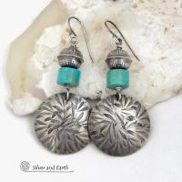 Hand Stamped Sterling Silver Earrings with Turquoise and Sterling Beads - Modern Southwestern Style Jewelry 
