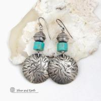 Hand Stamped Sterling Silver Earrings with Turquoise and Sterling Beads - Modern Southwestern Style Jewelry 
