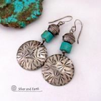 Hand Stamped Sterling Silver Earrings with Turquoise and Sterling Beads - Modern Southwestern Style Jewelry 