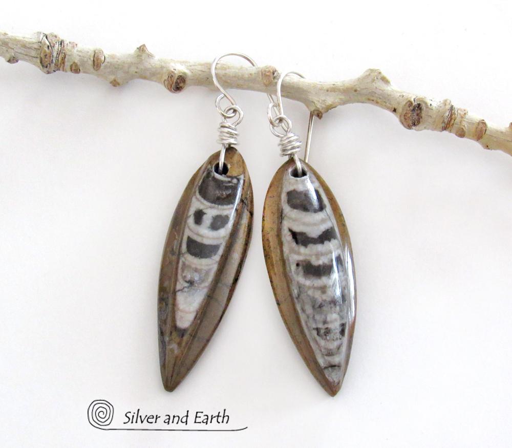 Orthoceras Fossil Earrings with Sterling Silver - Natural Ancient Fossil Jewelry