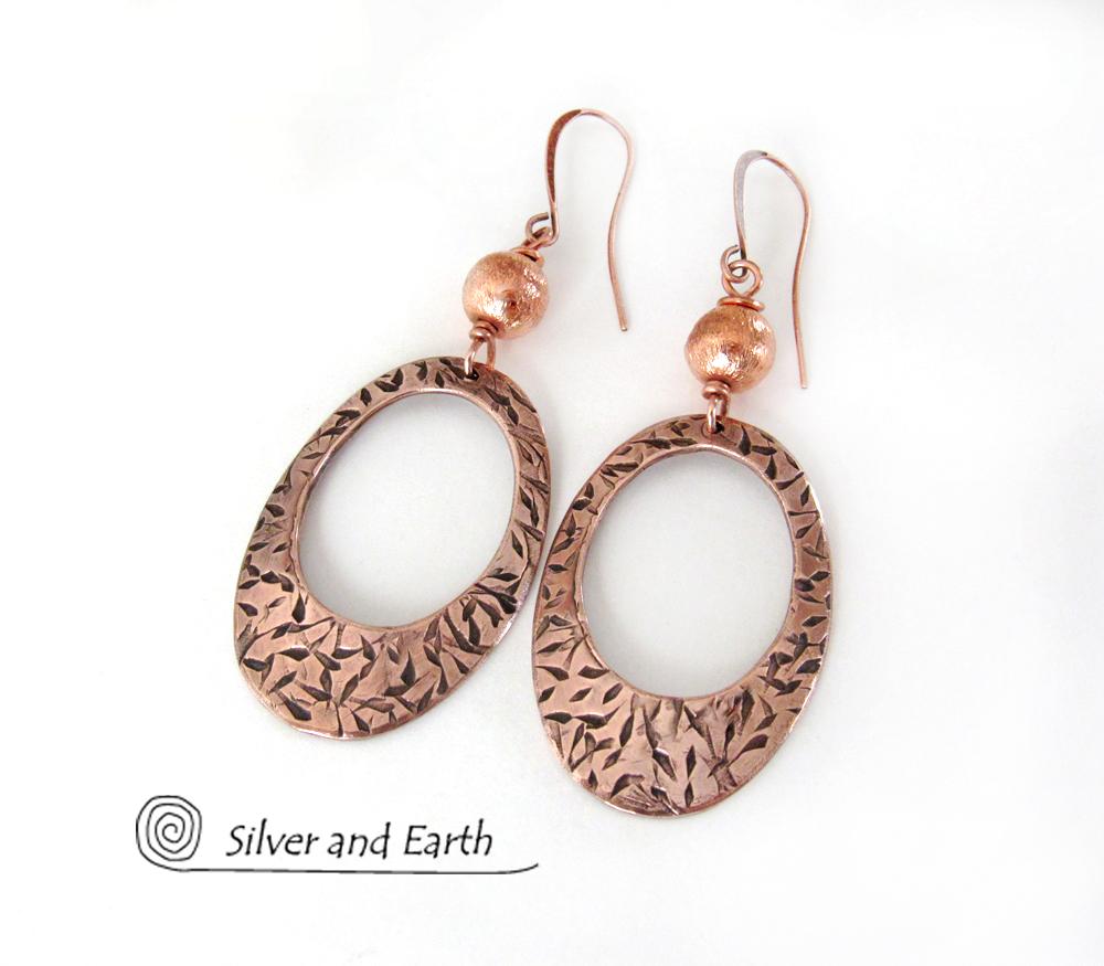 Copper Oval Hoop Earrings with Brushed Satin Beads - Chic Modern Jewelry
