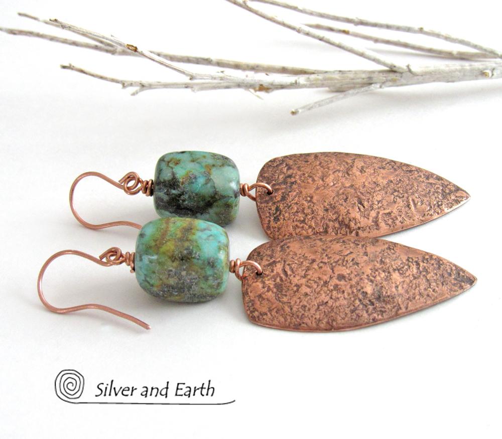 Copper Tribal Shield Earrings with African Turquoise - Hand Forged Metal Jewelry