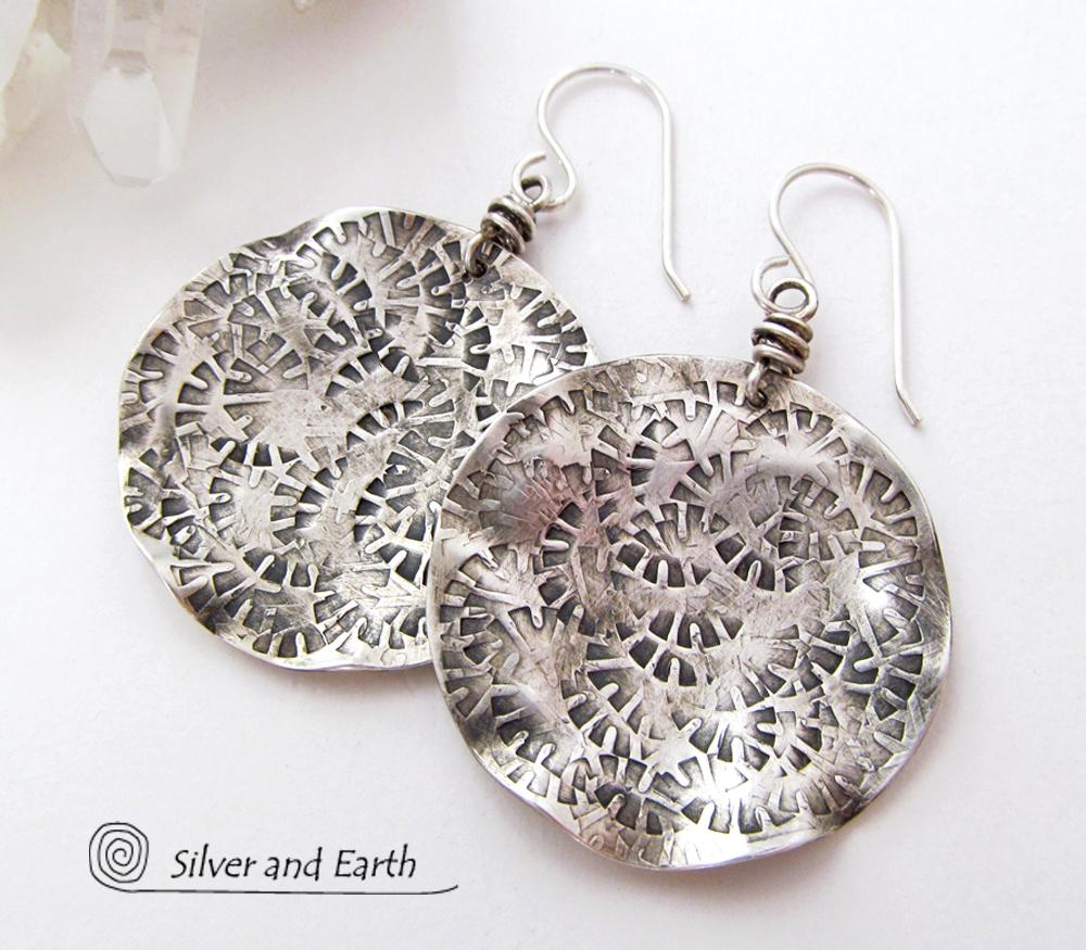Round Textured Sterling Silver Earrings - Modern Silver Jewelry
