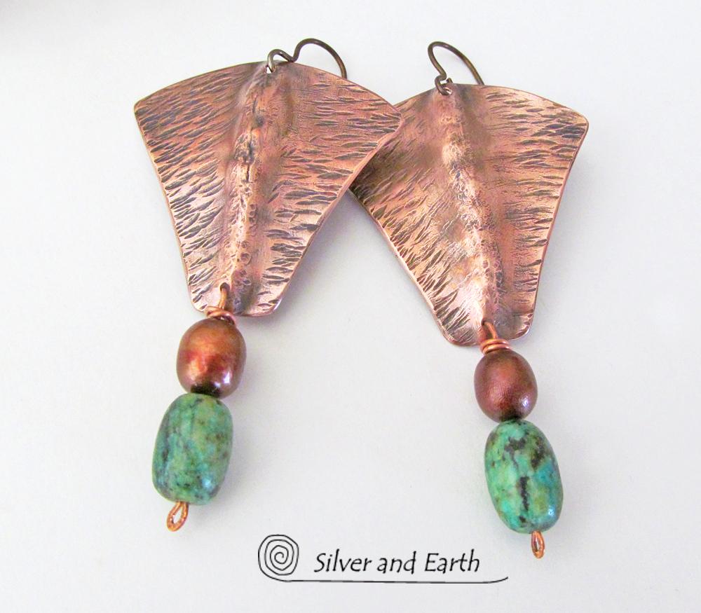 Copper Earrings with African Turquoise & Pearls - Forged Metal Jewelry ...