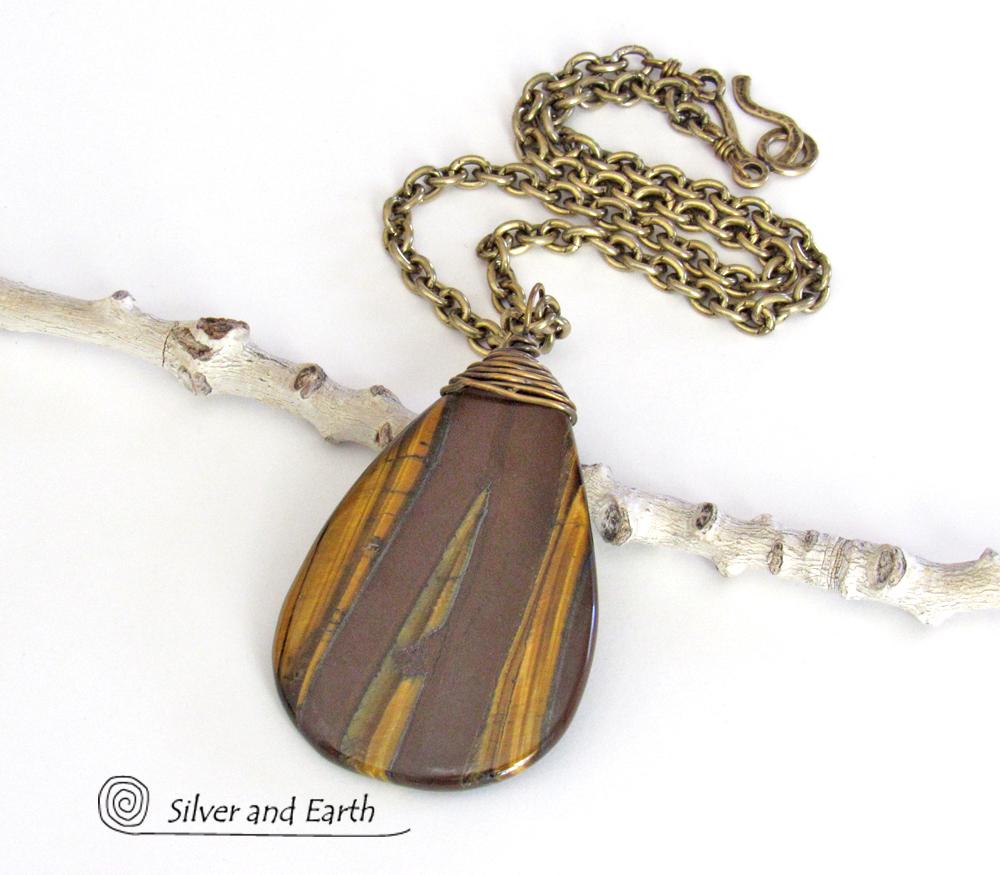 Tiger Iron Gemstone Pendant on Copper Chain Necklace - Rustic Earthy  Natural Stone Jewelry for Men or Women $48.00