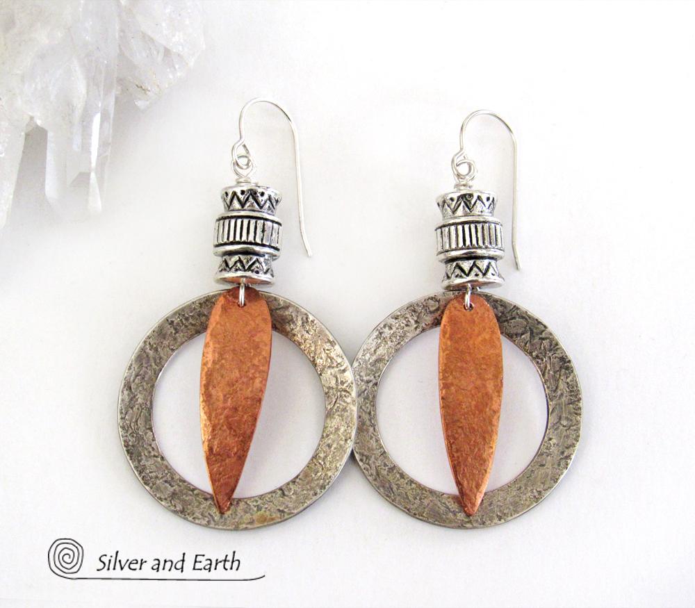 Tribal Sterling Silver Copper Hoop Earrings - Boho Mixed Metal Jewelry
