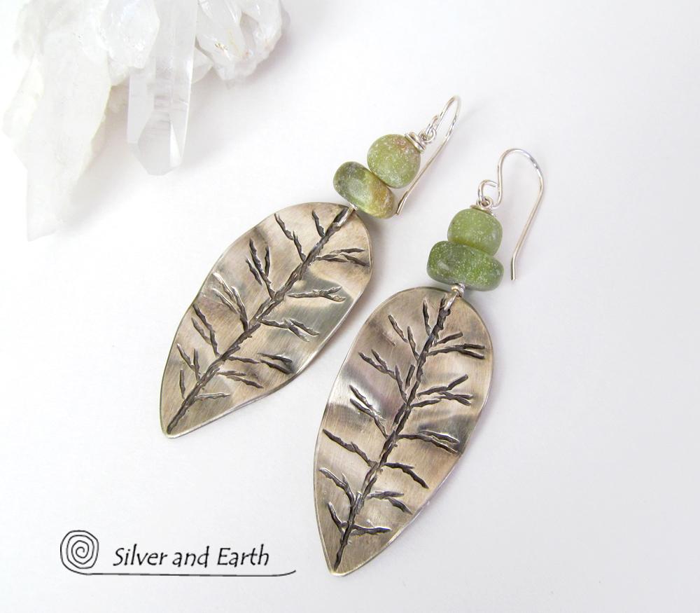 Sterling Silver Leaf Earrings with Green Jade Stones - Earthy Nature Jewelry