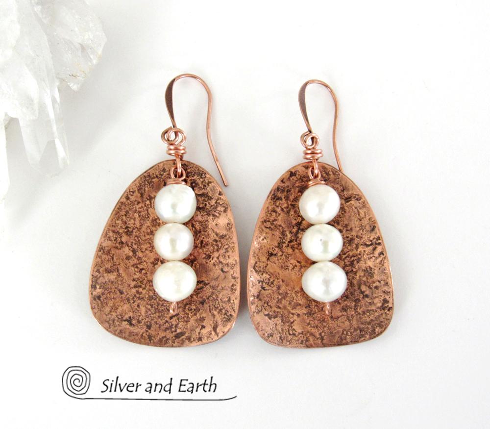 Copper Earrings with Dangling White Pearls - Anniversary Gifts for Women