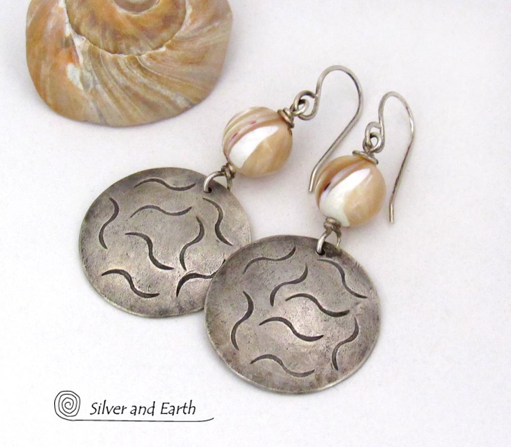 Golden White Mother of Pearl Sterling Silver Earrings with Hand Stamped Texture
