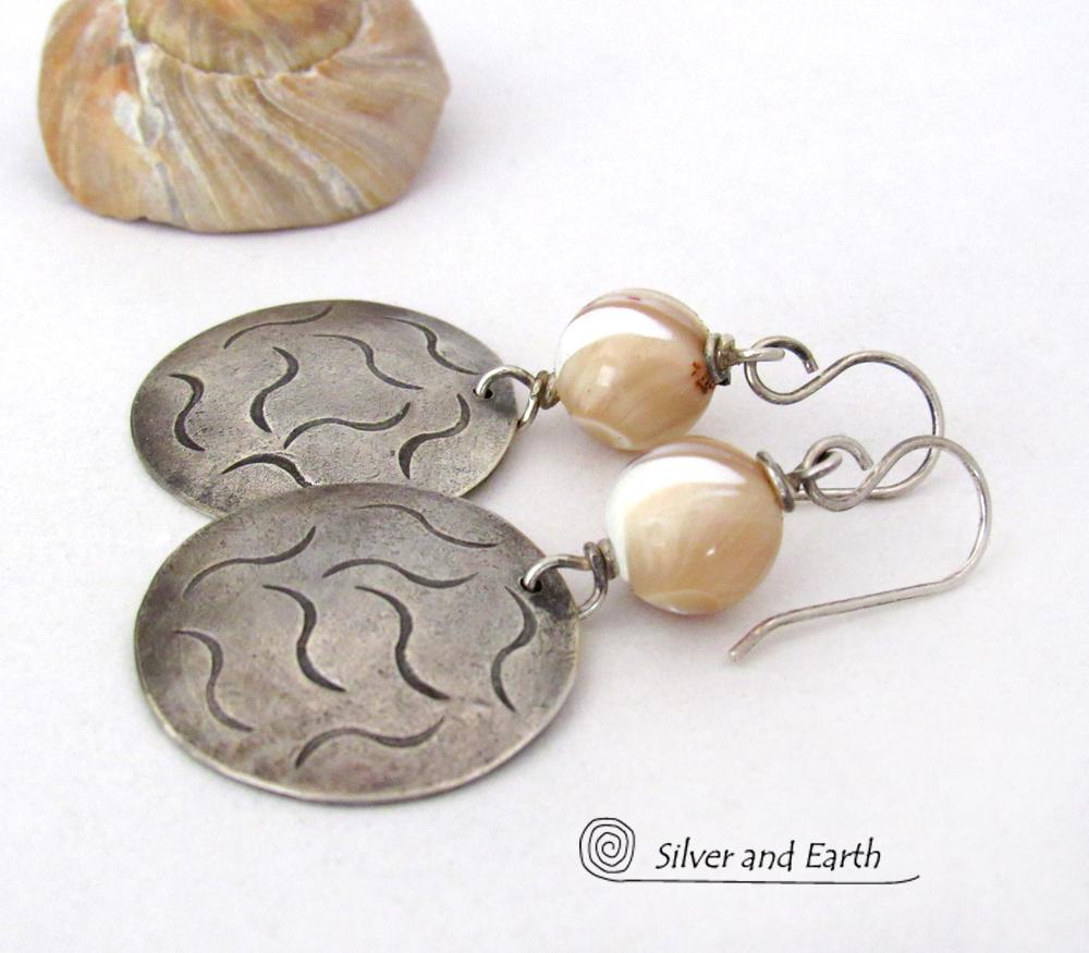Golden White Mother of Pearl Sterling Silver Earrings with Hand Stamped Texture
