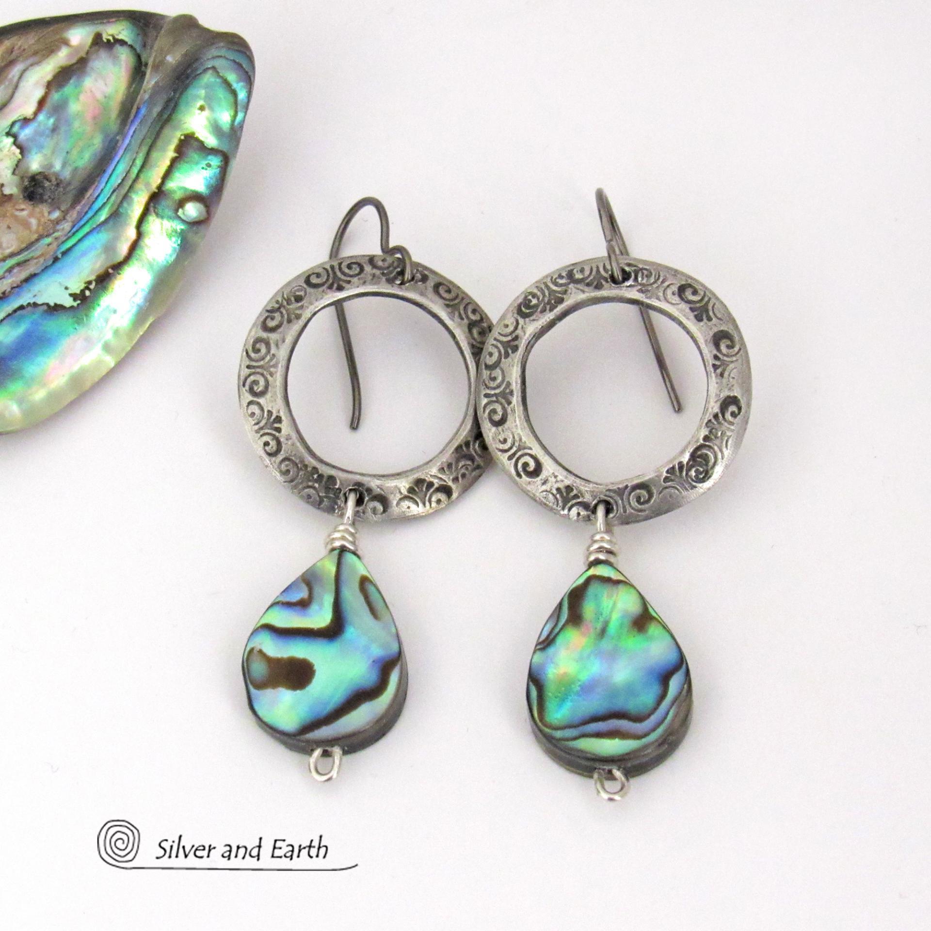 Blue Abalone Shell Silver Pewter Hoop Earrings - Natural Paua Shell Jewelry