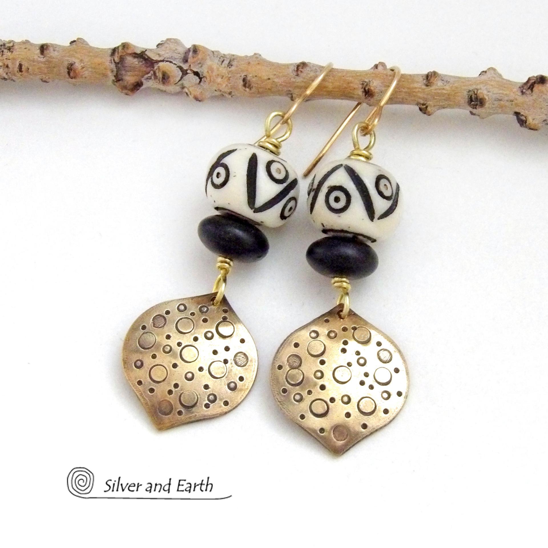Gold Brass Earrings with African Carved Bone & Black Glass Beads - Unique Boho Style Jewelry