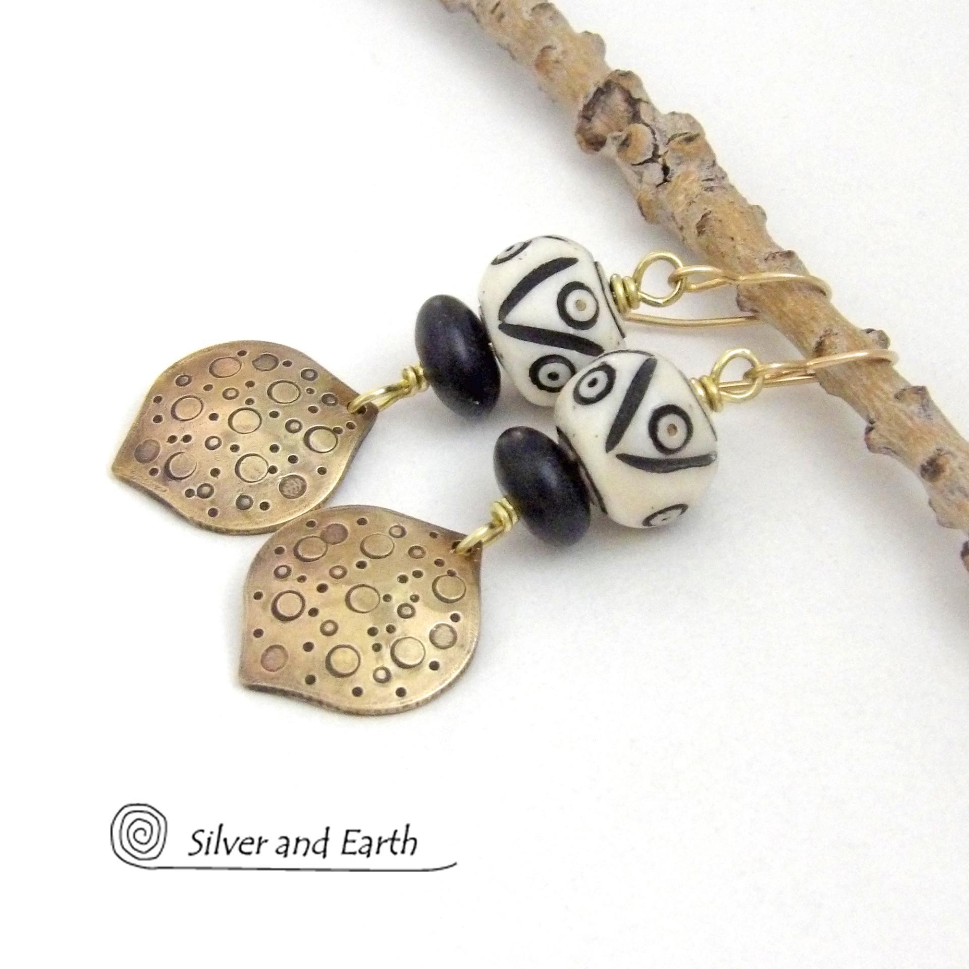 Gold Brass Earrings with African Carved Bone & Black Glass Beads - Unique Boho Style Jewelry