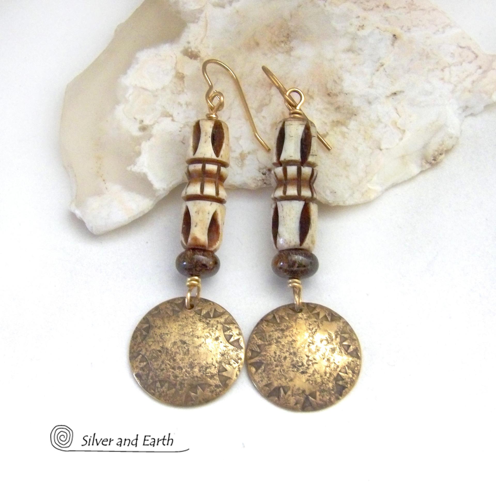 Hand Stamped Gold Brass Earrings with African Carved Bone & Brown Bronzite Stones - Bohemian Ethnic Tribal Style Jewelry
