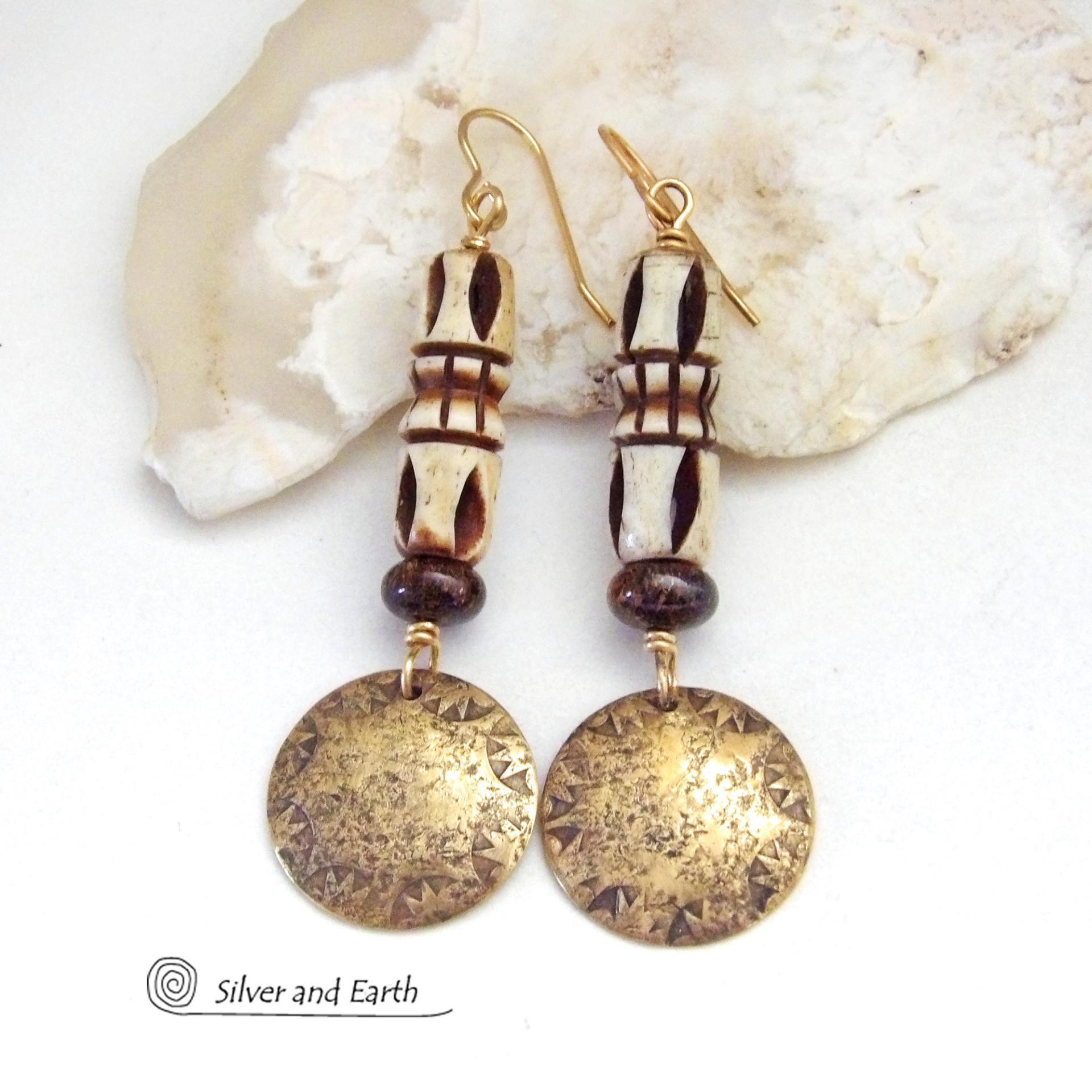 Hand Stamped Gold Brass Earrings with African Carved Bone & Brown Bronzite Stones - Bohemian Ethnic Tribal Style Jewelry