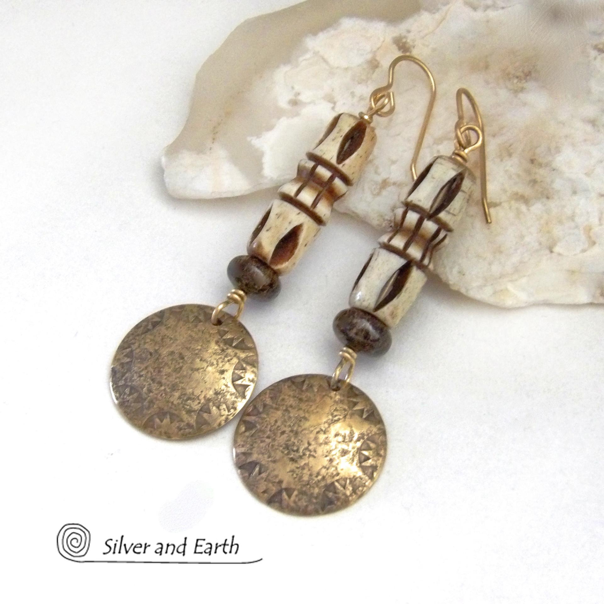 Hand Stamped Gold Brass Earrings with African Carved Bone & Brown Bronzite Stones - Bohemian Ethnic Tribal Style Jewelry