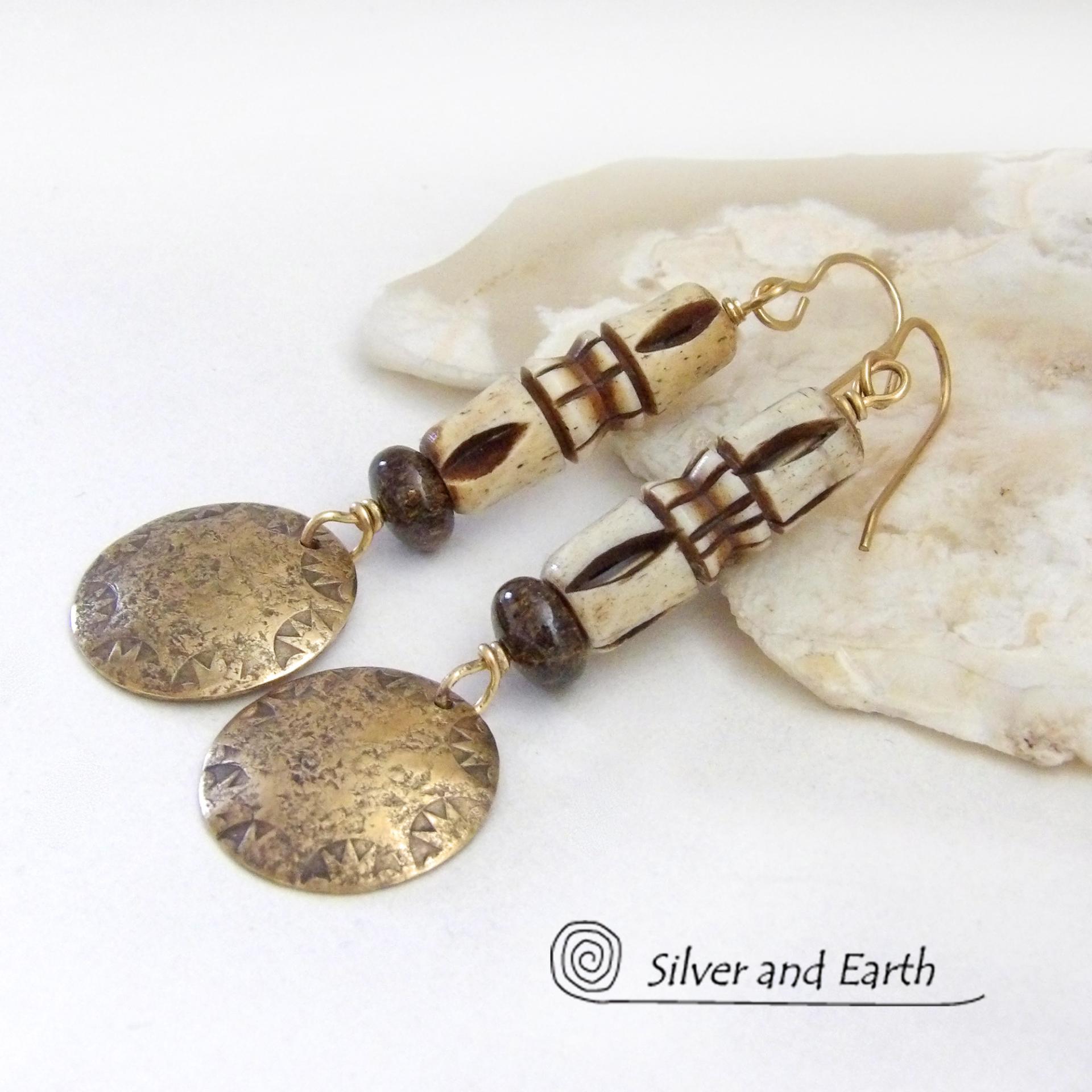 Hand Stamped Gold Brass Earrings with African Carved Bone & Brown Bronzite Stones - Bohemian Ethnic Tribal Style Jewelry