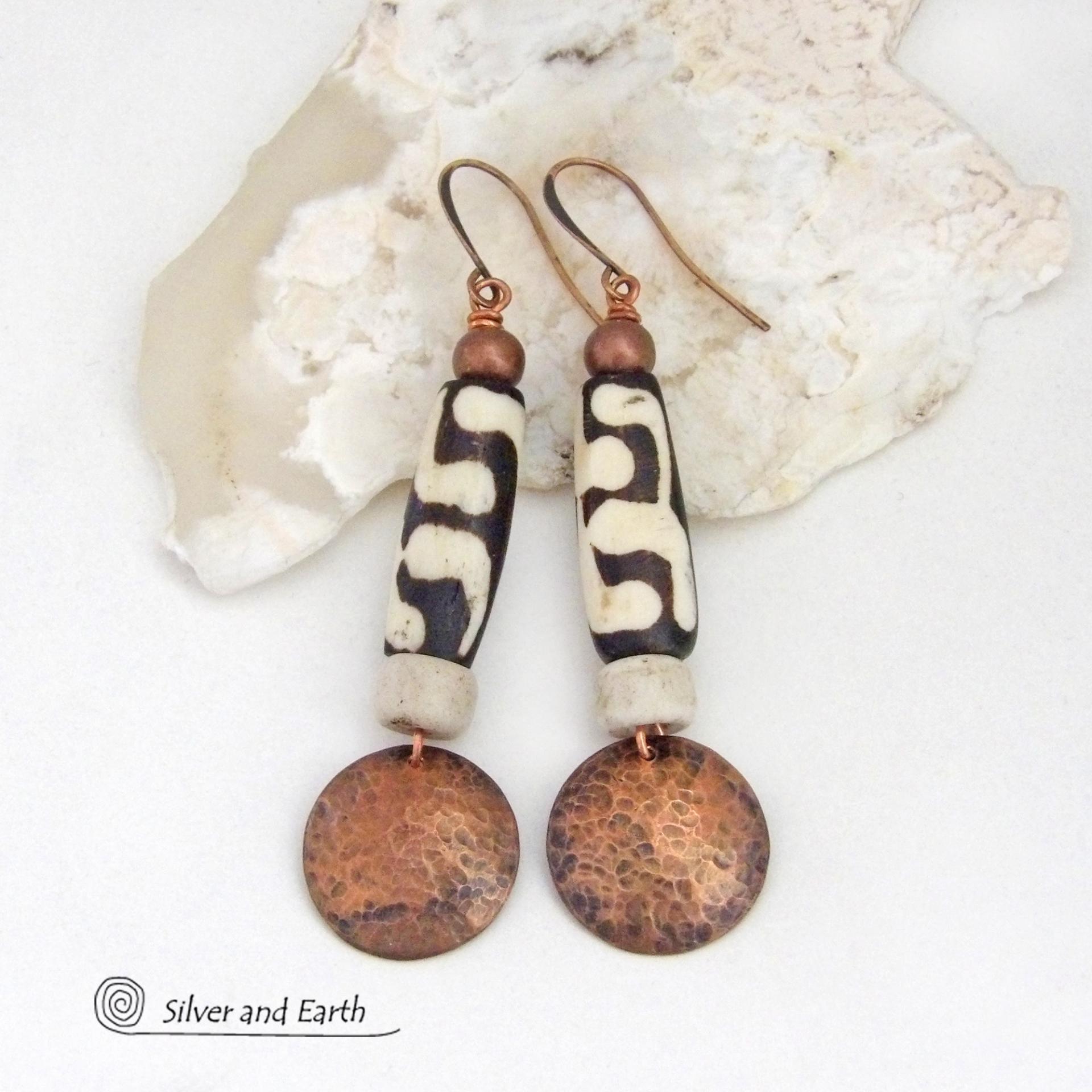 Long Hammered Copper Earrings with African Batik Bone Beads - Afrocentric Boho Ethnic Tribal Artisan Jewelry