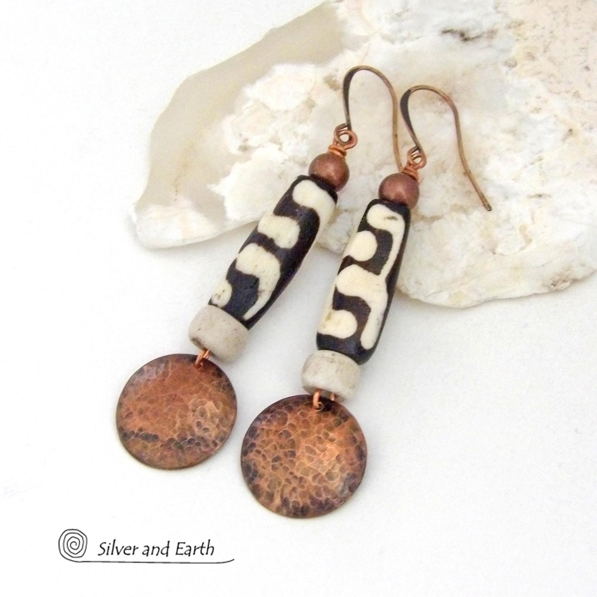 Long Hammered Copper Earrings with African Batik Bone Beads - Afrocentric Boho Ethnic Tribal Artisan Jewelry