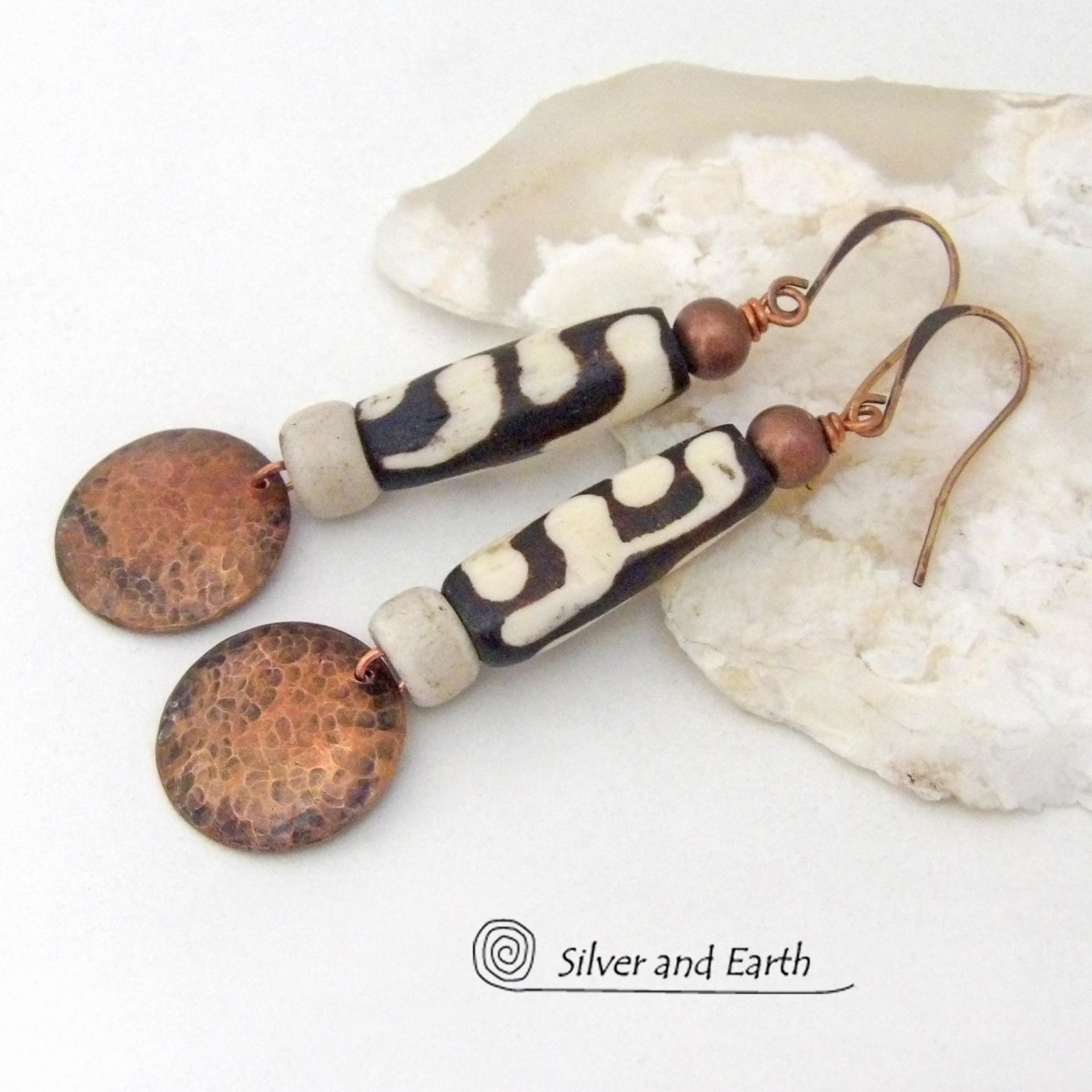 Long Hammered Copper Earrings with African Batik Bone Beads - Afrocentric Boho Ethnic Tribal Artisan Jewelry