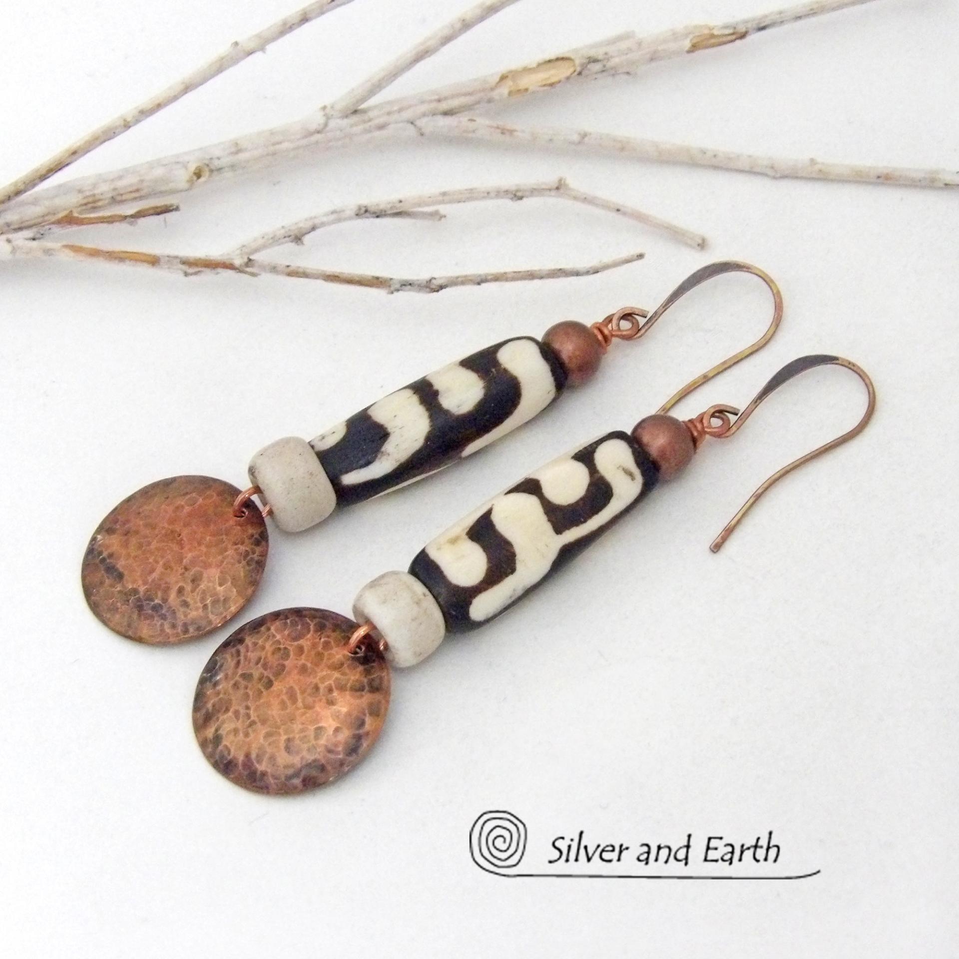 Long Hammered Copper Earrings with African Batik Bone Beads - Afrocentric Boho Ethnic Tribal Artisan Jewelry