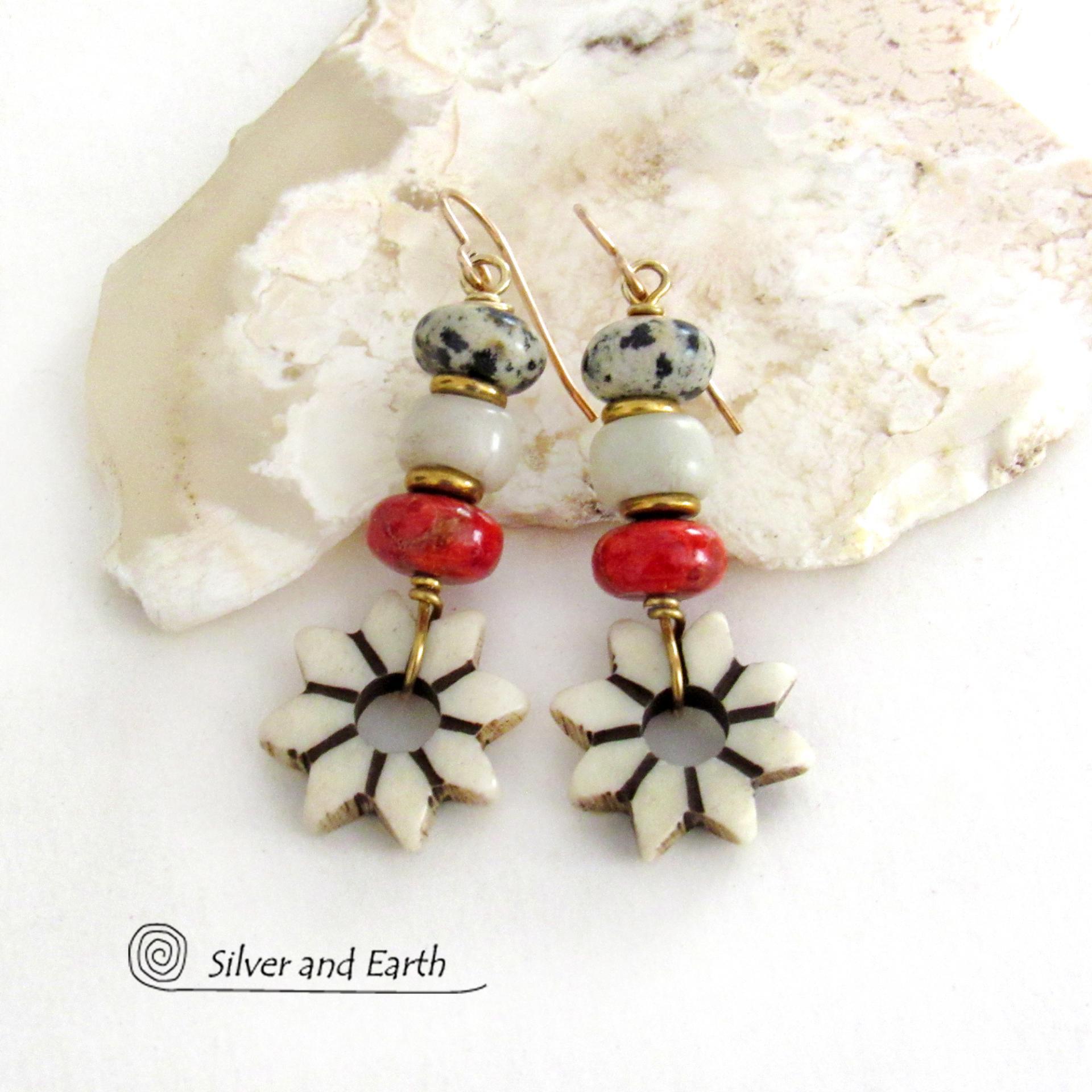 African Carved Bone Flower Shaped Earrings with Red Coral and Dalmatian Jasper Stones