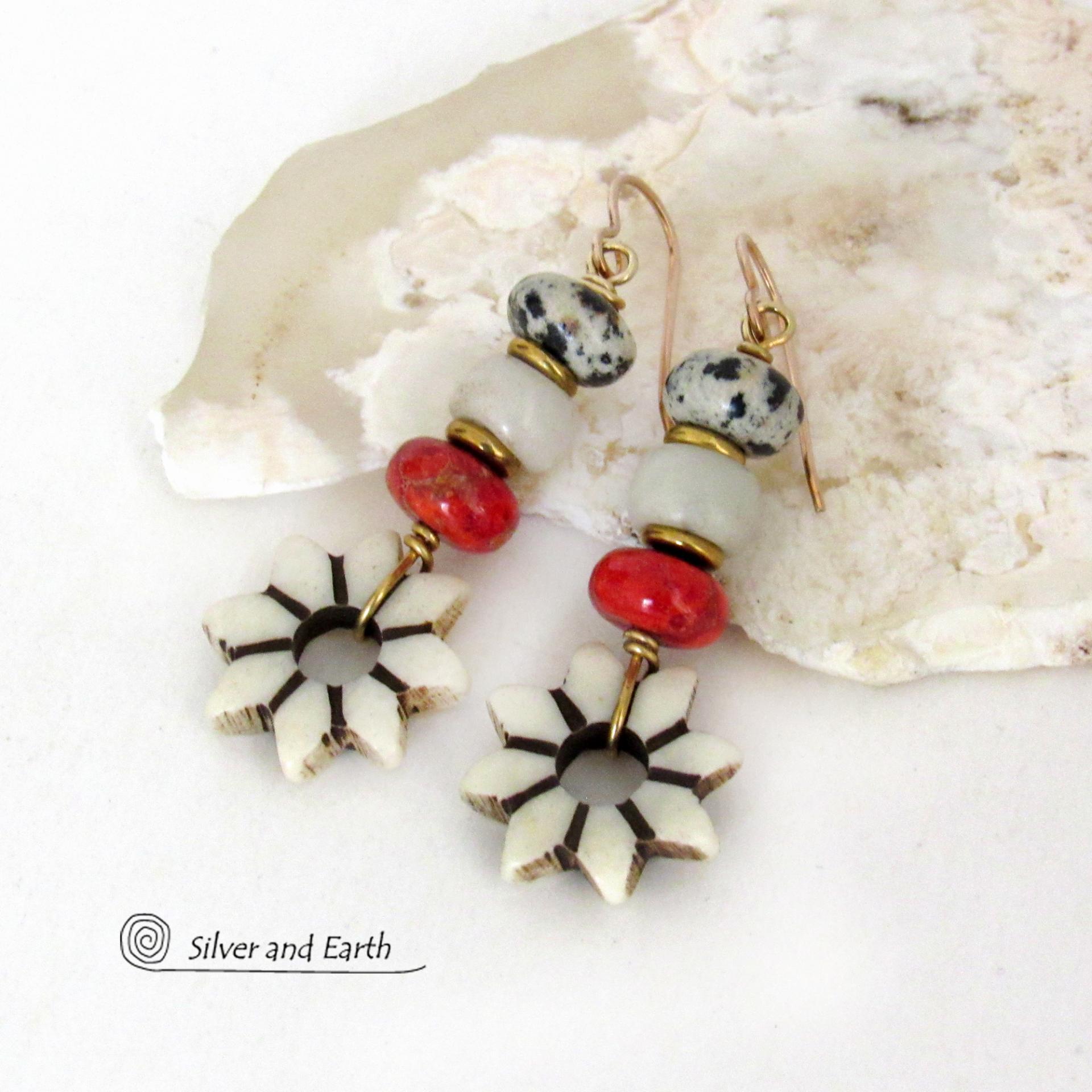 African Carved Bone Flower Shaped Earrings with Red Coral and Dalmatian Jasper Stones