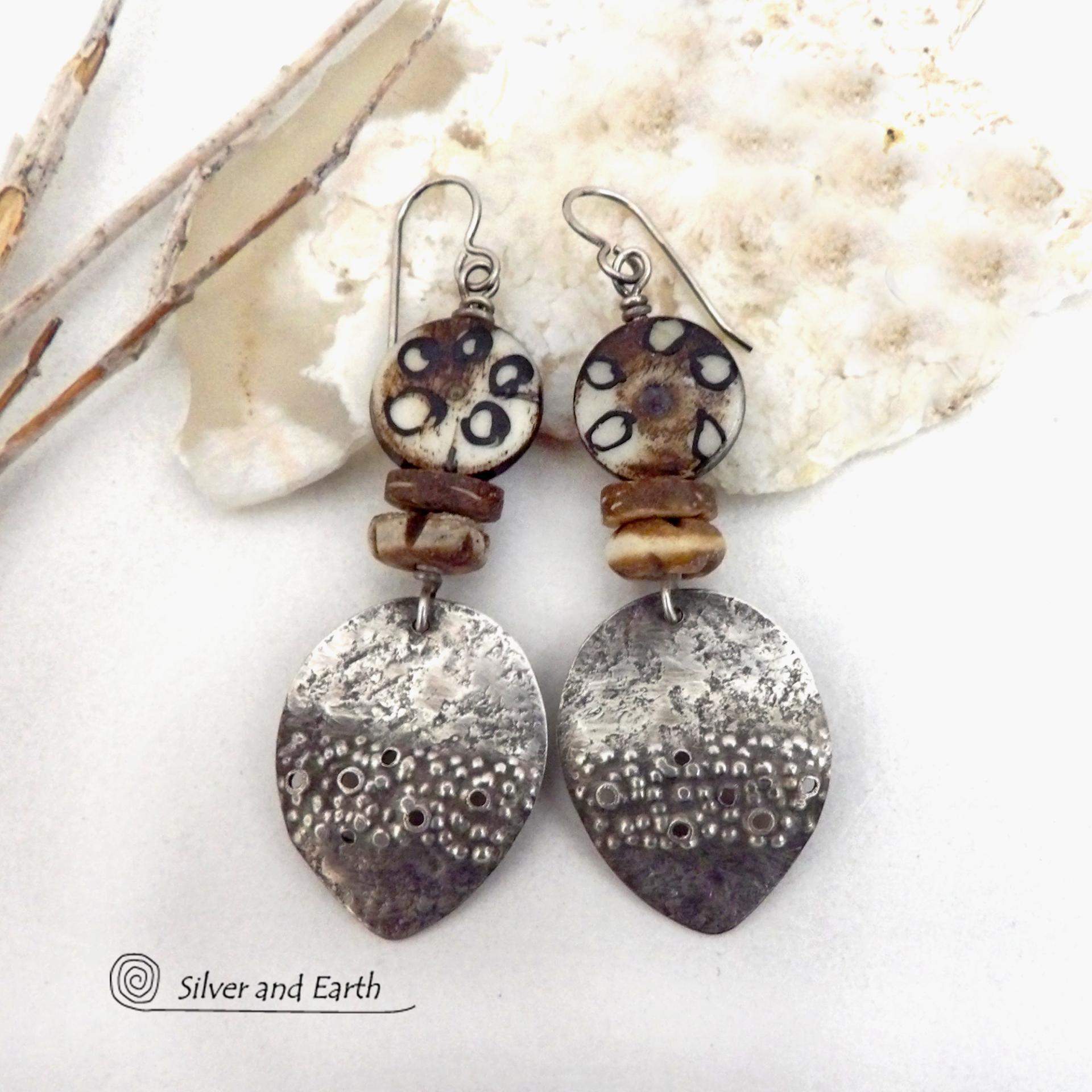  Rustic Sterling Silver Earrings with African Bone Beads - Earthy Organic Ethnic Tribal Style Jewelry