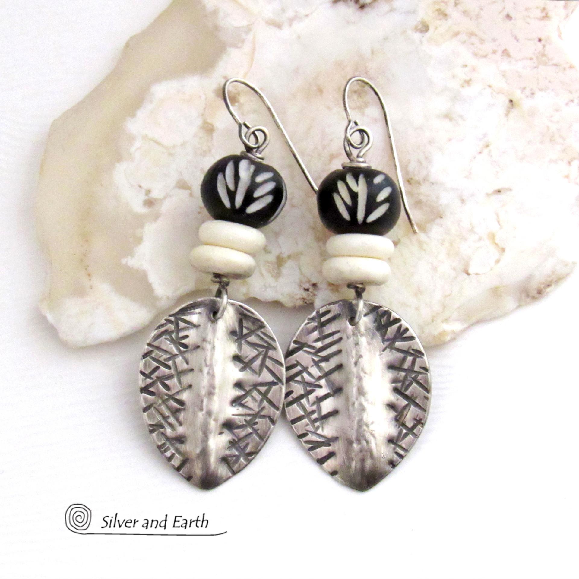 Sterling Silver Earrings with African Black White Carved Bone Beads - Unique Ethnic Tribal Artisan Handcrafted Jewelry