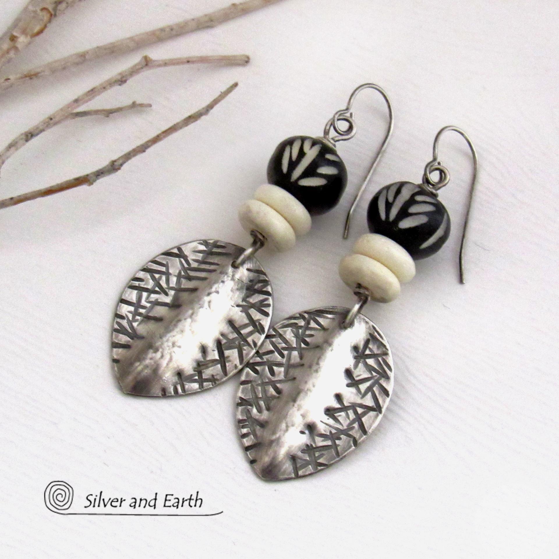 Sterling Silver Earrings with African Black White Carved Bone Beads - Unique Ethnic Tribal Artisan Handcrafted Jewelry