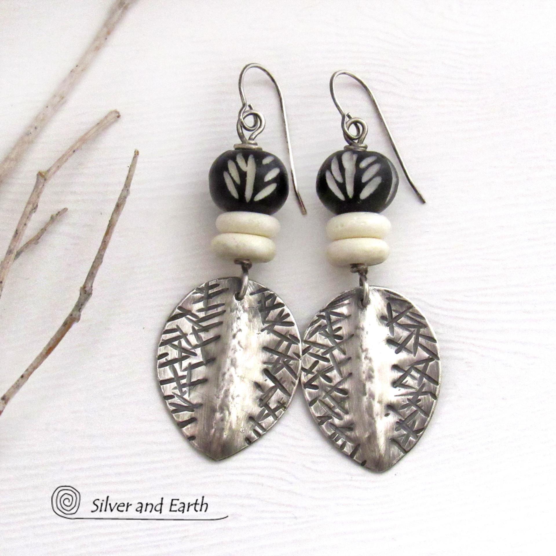 Sterling Silver Earrings with African Black White Carved Bone Beads - Unique Ethnic Tribal Artisan Handcrafted Jewelry