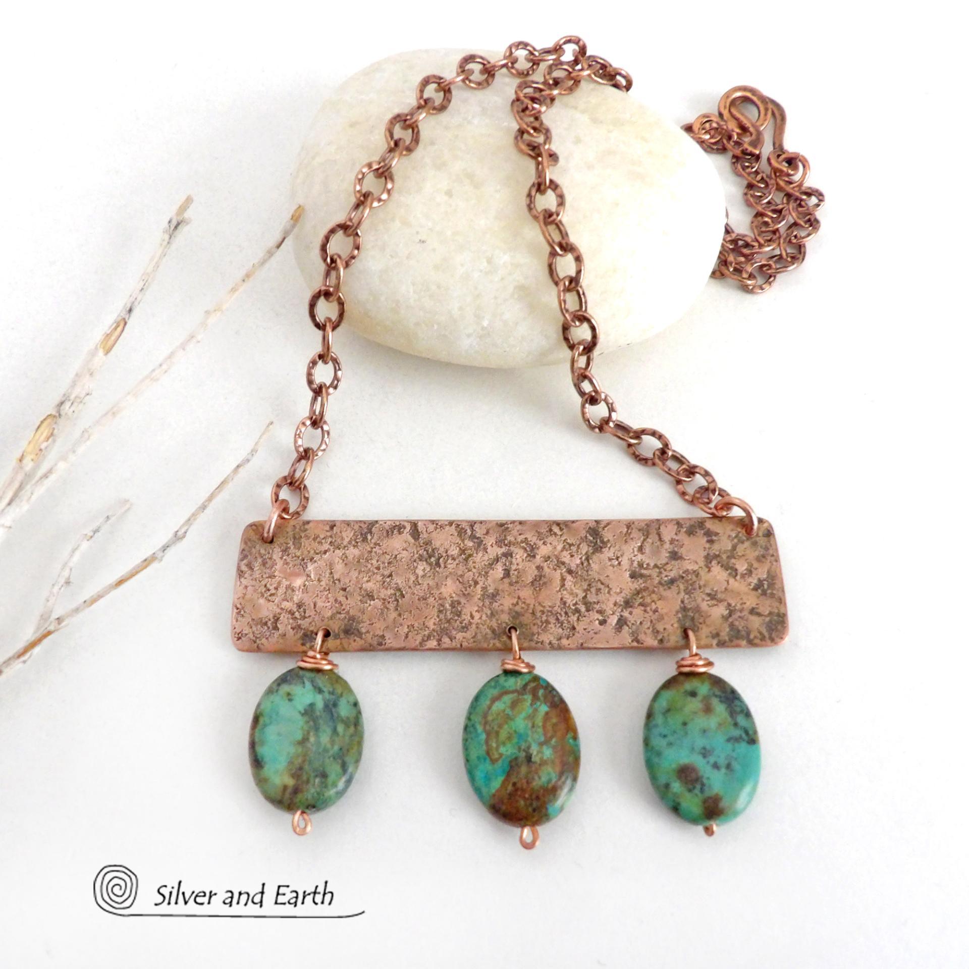 Copper Necklace with African Turquoise  Stones - Artisan Handcrafted Modern Chic Bohemian Jewelry