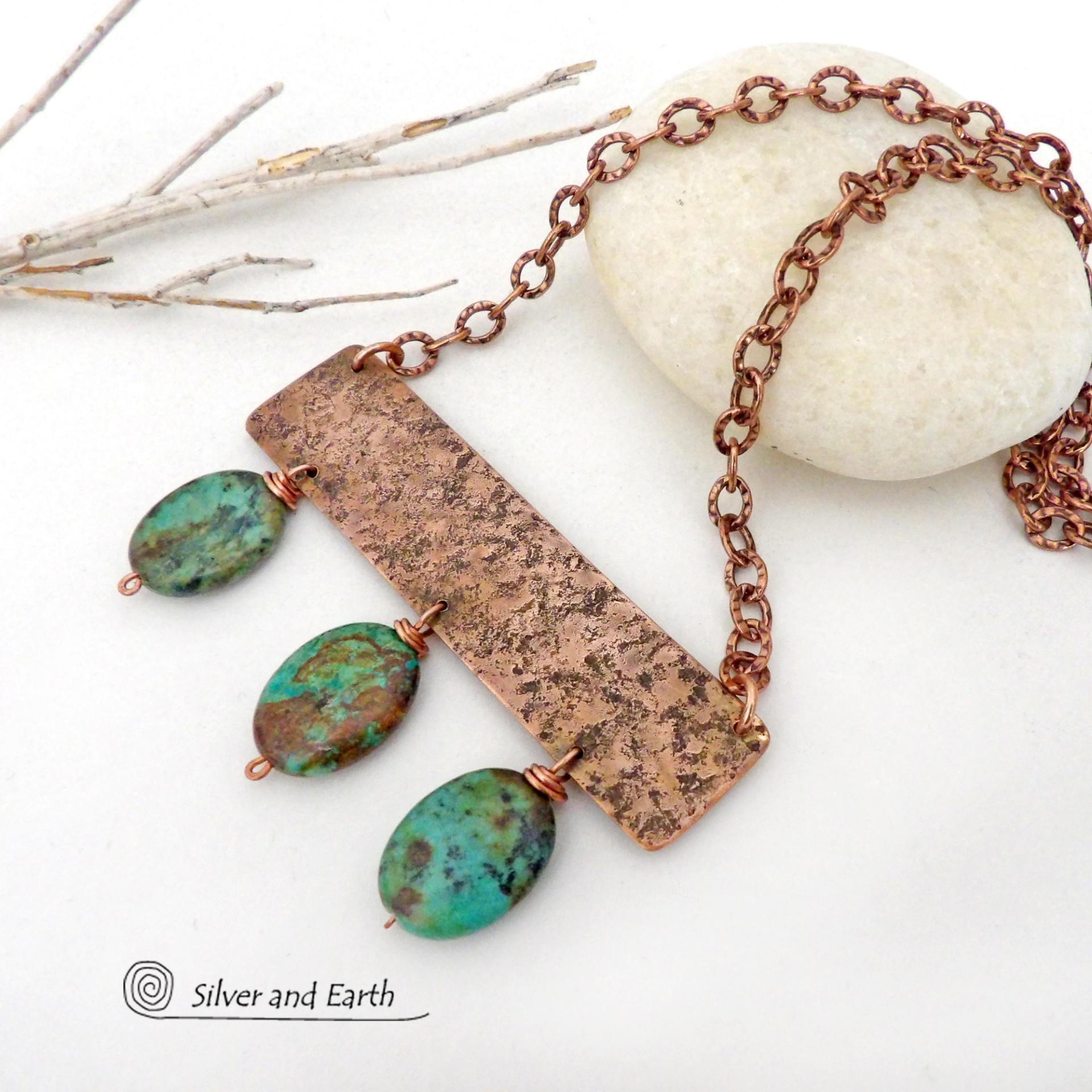 Copper Necklace with African Turquoise  Stones - Artisan Handcrafted Modern Chic Bohemian Jewelry