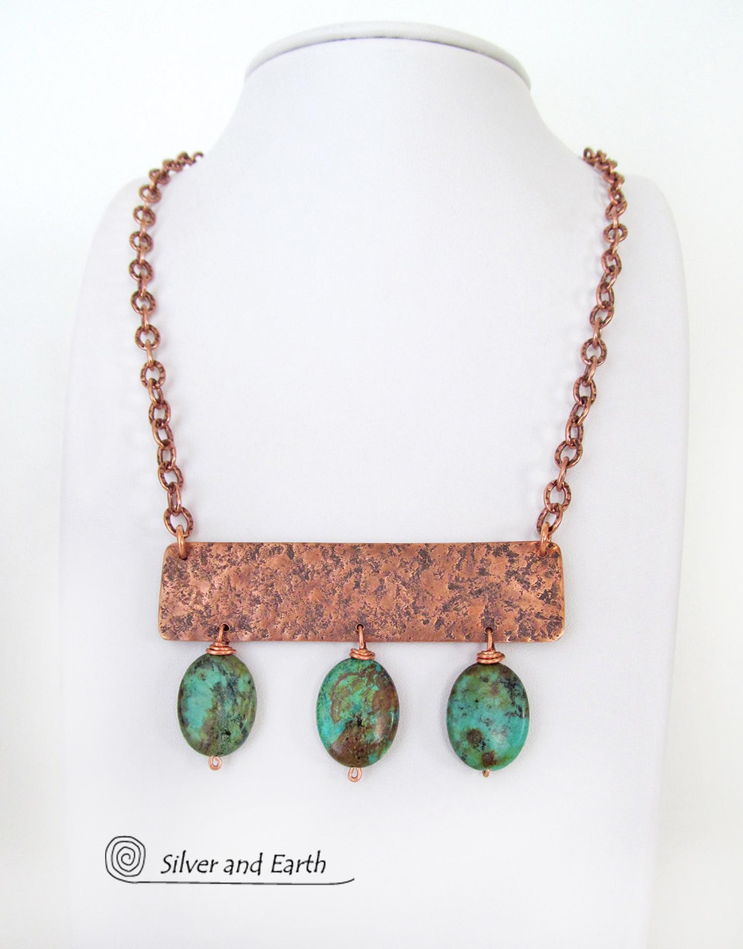 Gorgeous African turquoise stones were combined with handcrafted copper to create this bold statement necklace. I created the neck piece out of solid copper sheet and hammered the metal to create a rich, organic texture. The stones have beautiful hues of green, blue, brown, black and rust which contrast beautifully against the warm glow of the metal. The neck piece hangs from a solid copper chain with an intricate stamped design and is finished off with a sturdy, *easy-to-fasten* hook & eye closure.