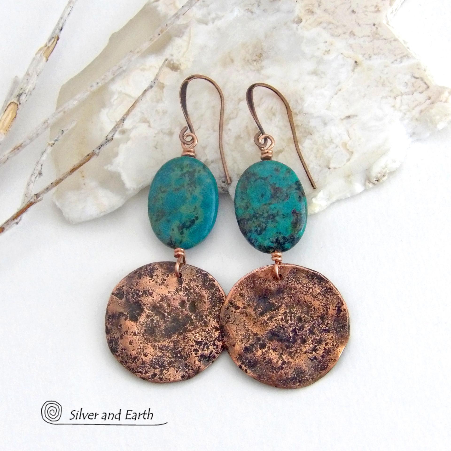These handcrafted earrings feature copper dangles with a rustic, earthy organic hammered texture accented with natural African turquoise stones. They have an earthy chic style that coordinates beautifully with all wardrobe types. Handmade in the USA by Silver and Earth Jewelry. Your choice of ear wires - copper or hypoallergenic niobium. Makes a great gift for couples celebrating their seventh wedding anniversary, as copper is the traditional choice for this occasion.