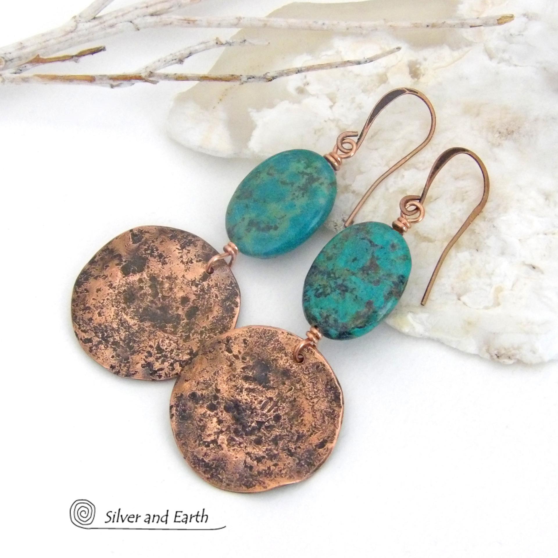 These handcrafted earrings feature copper dangles with a rustic, earthy organic hammered texture accented with natural African turquoise stones. They have an earthy chic style that coordinates beautifully with all wardrobe types. Handmade in the USA by Silver and Earth Jewelry. Your choice of ear wires - copper or hypoallergenic niobium. Makes a great gift for couples celebrating their seventh wedding anniversary, as copper is the traditional choice for this occasion.